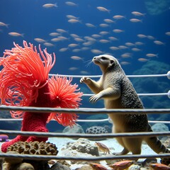 the mongoose stands in a ring under water and attacks the coral