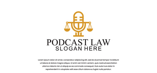 law podcast logo, podcast microphone vector with law firm and lawyer feel, with modern look.