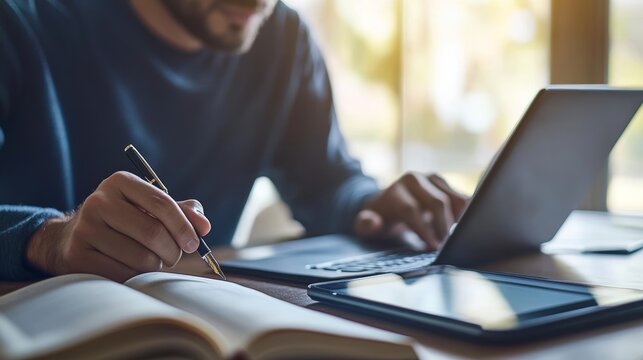 Home office online working E learning concept Businessman typing on laptop computer Man browsing internet at home Student studying online class with pen book digital tablet on desk close up