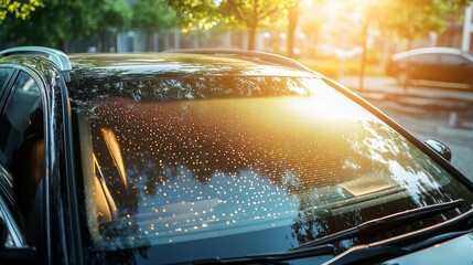 Protective reflective surface under the windshield of the passenger car parked on a hot day heated by the suns rays inside the car