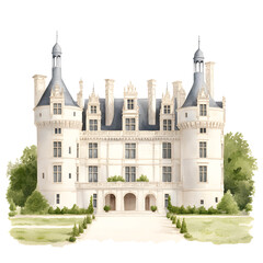 Fototapeta premium A majestic chateau, a grand architectural masterpiece, stands proudly amidst lush green landscapes. Its elegant design and symmetrical structure evoke a sense of timeless beauty and history.