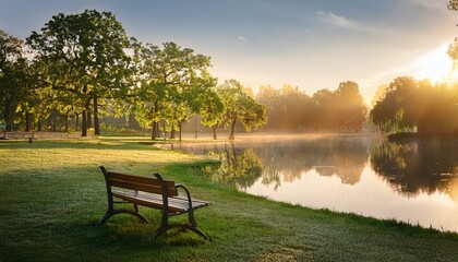 호수 옆 벤치와 잔디밭이 조화를 이루는 도시 공원 풍경