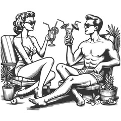Beach Couple Relaxing with Cocktails vector