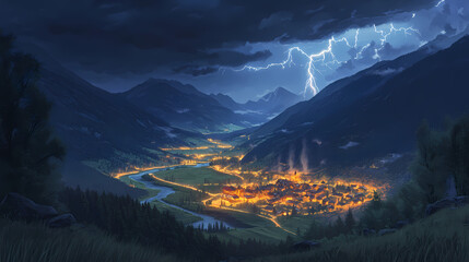 Night lightning storm over a mountain valley with a small town illuminated below. Electric Valley. Illustration
