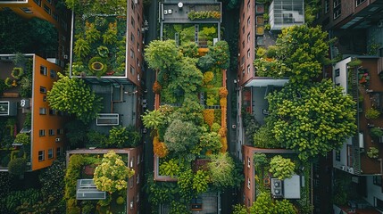 Overhead view of green urban courtyards, eco-friendly city design, lush vegetation and community spaces, sustainable architecture, modern urban planning, vertical greenery, nature in city living