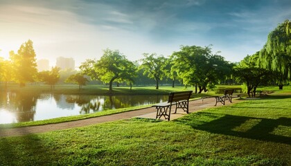 호수 옆 벤치와 잔디밭이 조화를 이루는 도시 공원 풍경