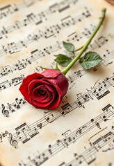 Symbolic roses rest gently on vintage sheet music, evoking romance and nostalgia with rich reds and soft greens.