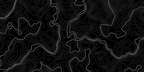 The grey white on black contours vector topography stylized height of the lines. The concept of a conditional geography scheme and the terrain path. Ultra wide. Map vector terrain Illustration.  