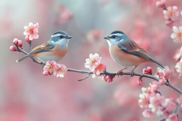 Obraz premium Birds Perched on Blossoming Tree Branch: A Serene Spring Scene Captured in Nature's Beauty