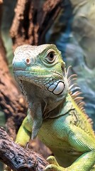 Fototapeta premium HD Phone Wallpaper Green Iguana Reptile Close Up Detailed Texture Vivid Colors Tropical Lizard