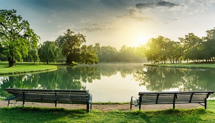 Obraz premium 호수 옆 벤치와 잔디밭이 조화를 이루는 도시 공원 풍경