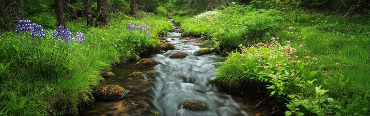 Obraz premium A tranquil stream winds through a verdant forest, with colorful wildflowers blooming alongside rocky banks, creating a picturesque natural oasis in full spring bloom