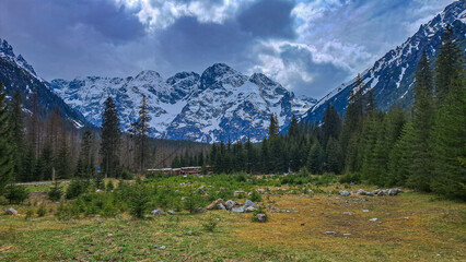 A large clearing in the center, surrounded by forest and rocky mountains