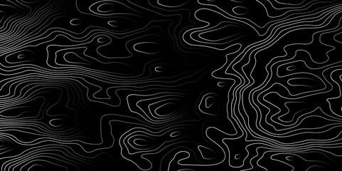 The grey white on black contours vector topography stylized height of the lines. The concept of a conditional geography scheme and the terrain path. Ultra wide. Map vector terrain Illustration.  