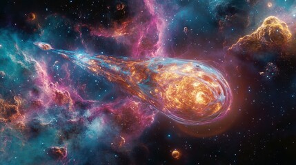 A massive starship powered by antimatter reactors cruising past a nebula