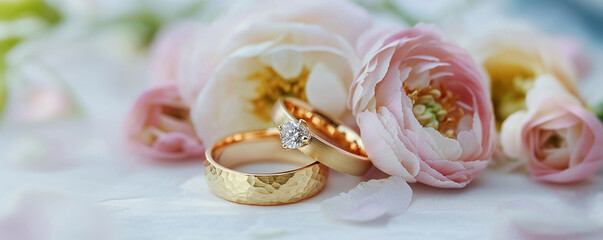 Close-up of wedding rings on background of ranunculus