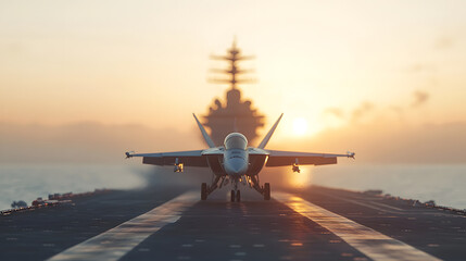 A fighter jet sits poised on the deck of an aircraft carrier as the sun sets on the horizon.  The scene evokes a sense of power and readiness.