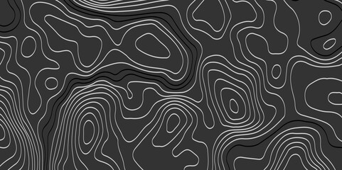 The grey white on black contours vector topography stylized height of the lines. The concept of a conditional geography scheme and the terrain path. Ultra wide. Map vector terrain Illustration.  