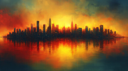 artistic abstract city skyline with skyscrapers with golden light of sunset with reflection on the water surface