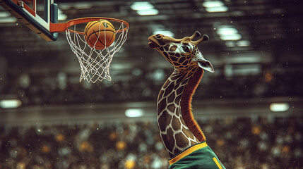 funny giraffe in sportswear shoots a basketball ball into the basket
