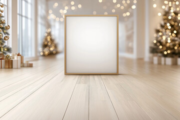 Holiday decoration with empty frame in a warm and festive setting