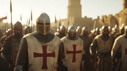 A crusader knight leads his army towards a fortified city, sunlight illuminating their armor and the red crosses on their surcoats. A powerful image evoking medieval warfare.