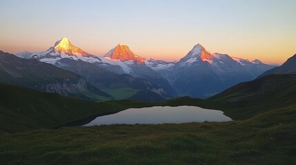 Fototapeta premium Sunrise view on Bernese range above Bachalpsee lake Peaks Eiger Jungfrau Faulhorn in famous location in Switzerland alps Grindelwald valley