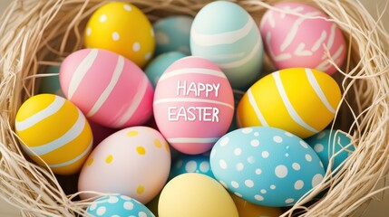 Naklejka premium Colorful Easter eggs arranged in a nest for festive celebration