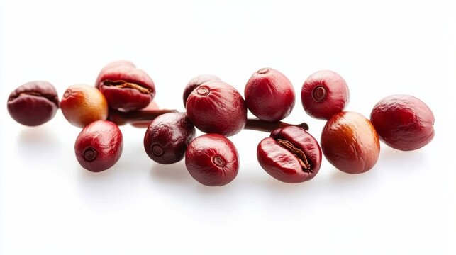 Red coffee beans on a branch of the coffee tree ripe and unripe berries isolated on white background Red coffee beans on a branch of harvest the coffee tree ripe berry fruit on white background
