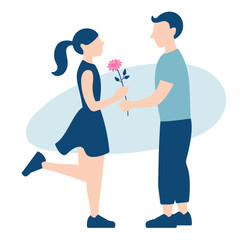 A guy giving a flower to a girl, date of two, love and flirting, flat vector illustration