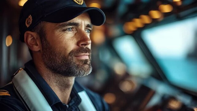 Man maritime officer with beard in navy cap and uniform looking ahead on ship bridge. Confident middle aged seaman with bokeh lights background. Maritime career and professional navigation