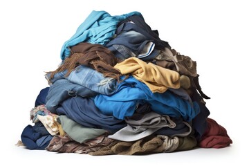 Second Hand Clothing Donation - Pile of Used Clothes and Shoes in Blue Stack Isolated on White