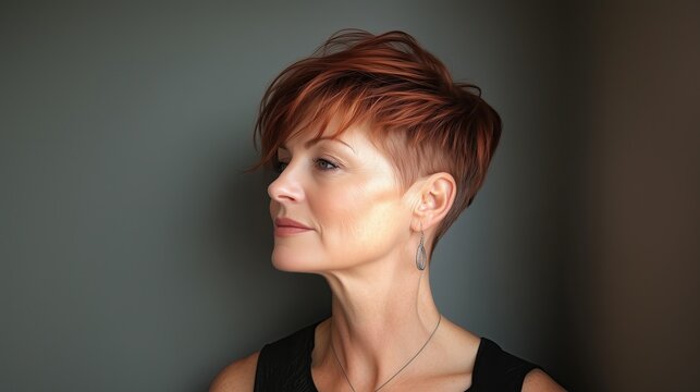 Reddish brown long pixie for olderly woman