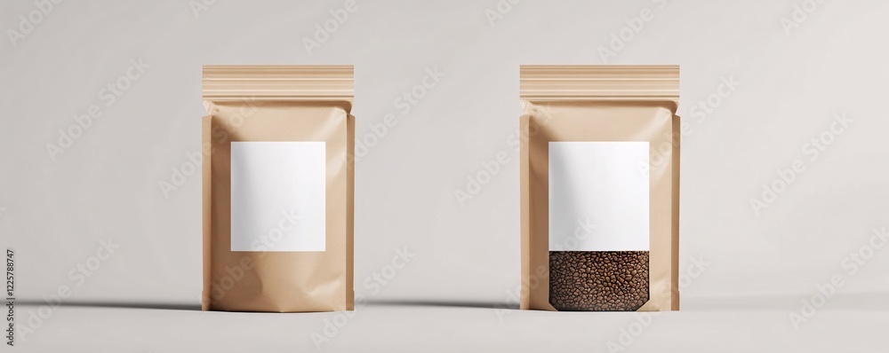 Poster two kraft paper pouches showing front view with white label