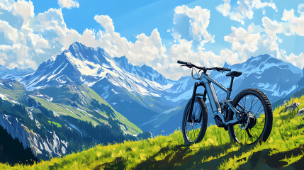 Fototapeta premium A modern, grey electric mountain bike stands on a grassy hilltop, overlooking a valley and snow-capped mountains under a bright blue sky with white clouds. Electric Valley. Illustration