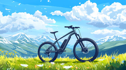 Obraz premium A modern, grey electric mountain bike stands on a grassy hilltop, overlooking a valley and snow-capped mountains under a bright blue sky with white clouds. Electric Valley. Illustration