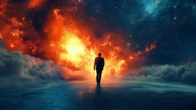 Silhouette of man in black business suit walking towards bright fiery sky with orange flames and blue cosmic clouds. Dramatic mystical scene with reflection on wet surface. Journey and determination