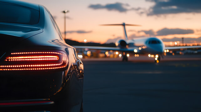 A luxury car waits at the airport as a private jet taxis on the runway. The setting sun casts a warm glow, creating a scene of opulent travel.