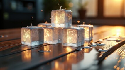 Fresh ice cubes melting on a wooden surface with water droplets in warm sunlight	