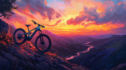 Naklejka premium A sleek electric bike rests on a serene mountain path at sunset, overlooking a stunning valley below with vibrant orange and pink hues in the sky. Electric Valley. Illustration