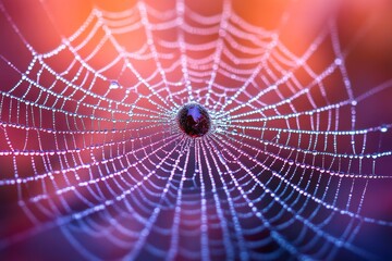 Fototapeta premium Sparkling Spiderweb: A Macro Close-Up of Dew-Covered Silk Threads in Nature's Embrace