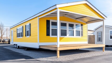 Nice yellow and white mobile home with covered parking