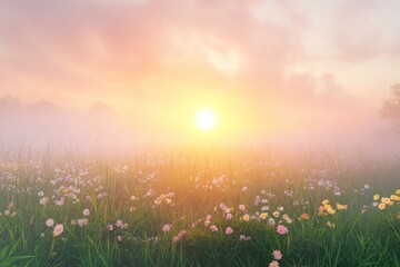 Obraz premium A breathtaking sunrise illuminates a misty spring meadow filled with blooming flowers and lush tall grass. The soft light creates a serene atmosphere in early morning. With copy space for text