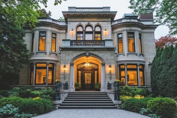 Magnificent Stone Mansion at Dusk: A Luxurious Home Exterior