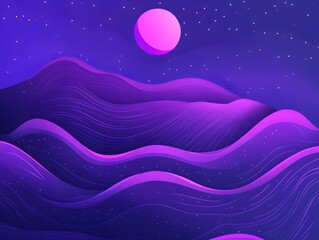 Fototapeta premium Abstract Purple Night Landscape: Wavy Mountains under Pink Moon and Stars