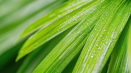 Fototapeta premium Dewy palm fronds, close-up; tropical nature background; ideal for spa, wellness