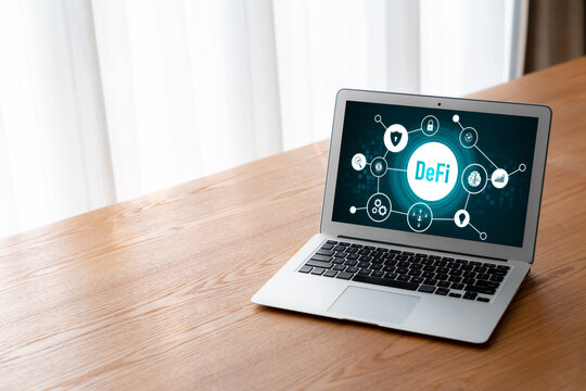 Decentralized finance or DeFi concept on modish computer screen . The defi system give new choice of investment and money saving .