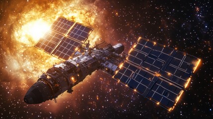 A spaceship deploying solar panels to recharge its energy reserves near a star