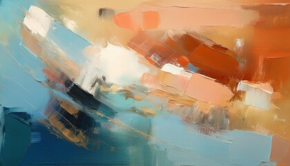 Vibrant Layered Abstract Masterpiece Showcasing Warm Earth Tones and Cool Blues, Depicting a...