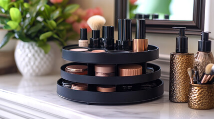 Rotating makeup organizer with various cosmetics and brushes on marble surface.
